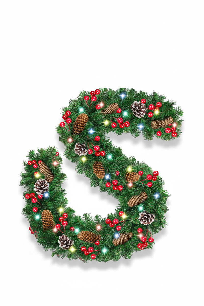 2.7 meter pine Christmas garland with pinecones, red berries, and small lights on a white background