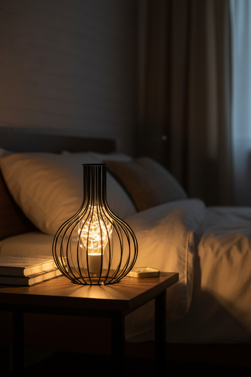 25 cm tall Decanter wrought iron LED lamp on a bedside table in a warm bedroom