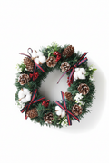 30 cm Christmas wreath ornament with pinecones, cotton, berries, and striped ribbons on a white background