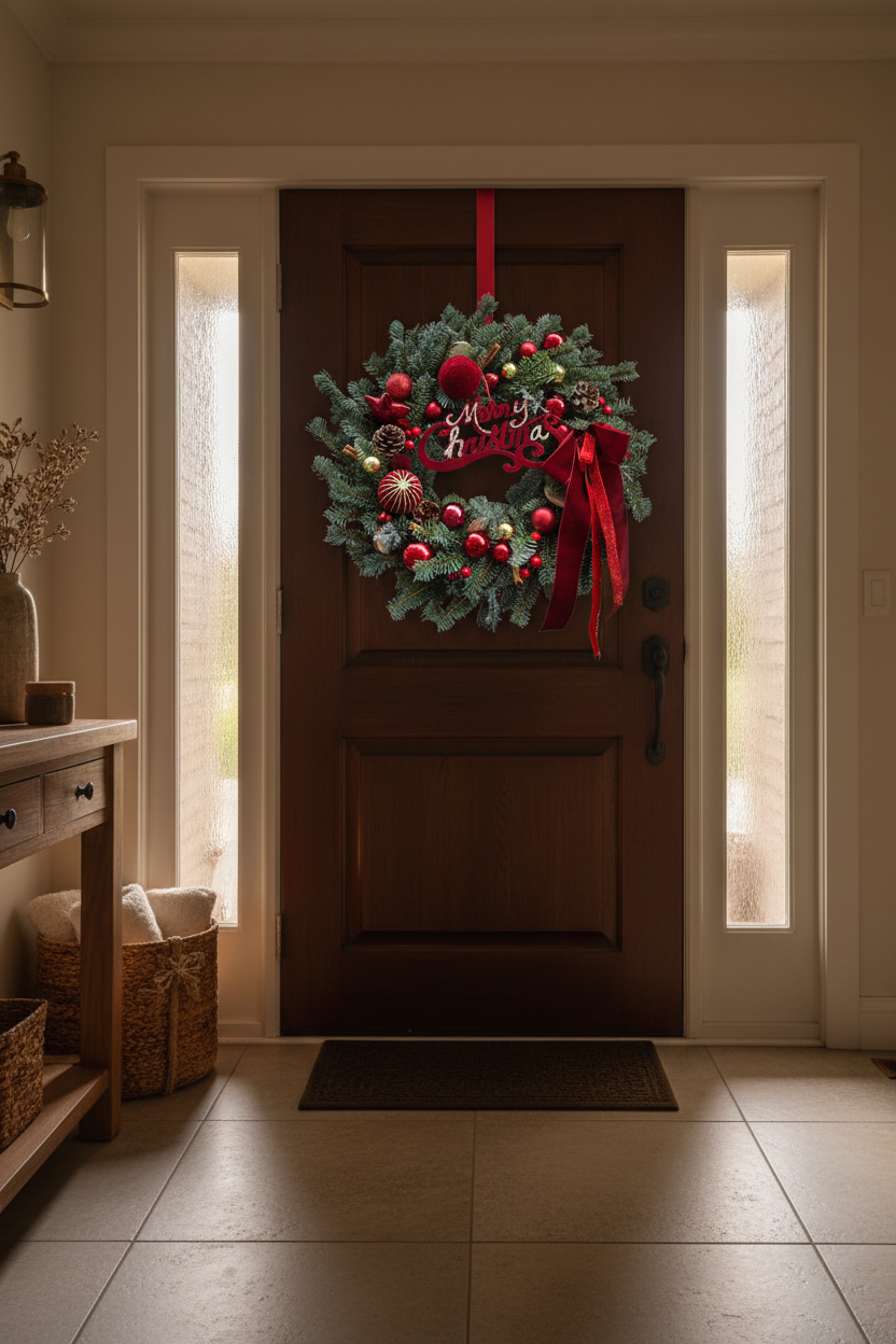 45 cm Christmas wreath hanging on a front door in a warm home entryway
