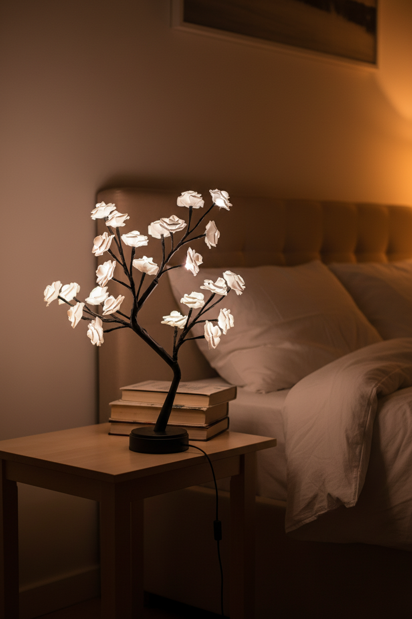 45 cm tall White Rose flower tree USB LED lamp on a bedside table