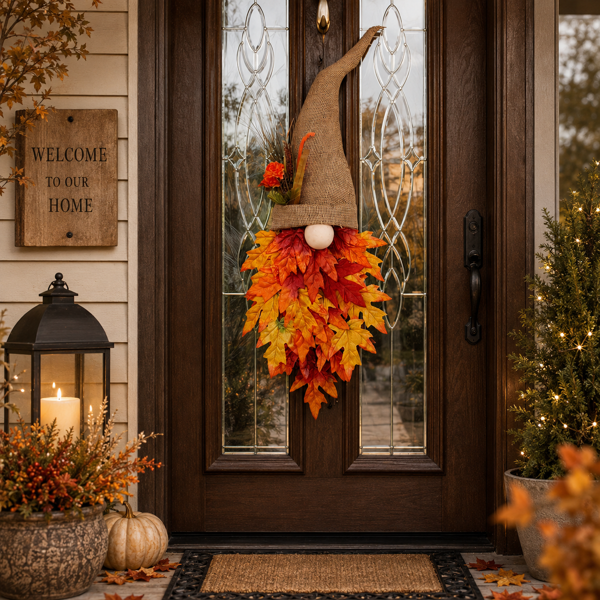 Maple Leaf & Gnome Fall Wreath, 60 × 30 cm
