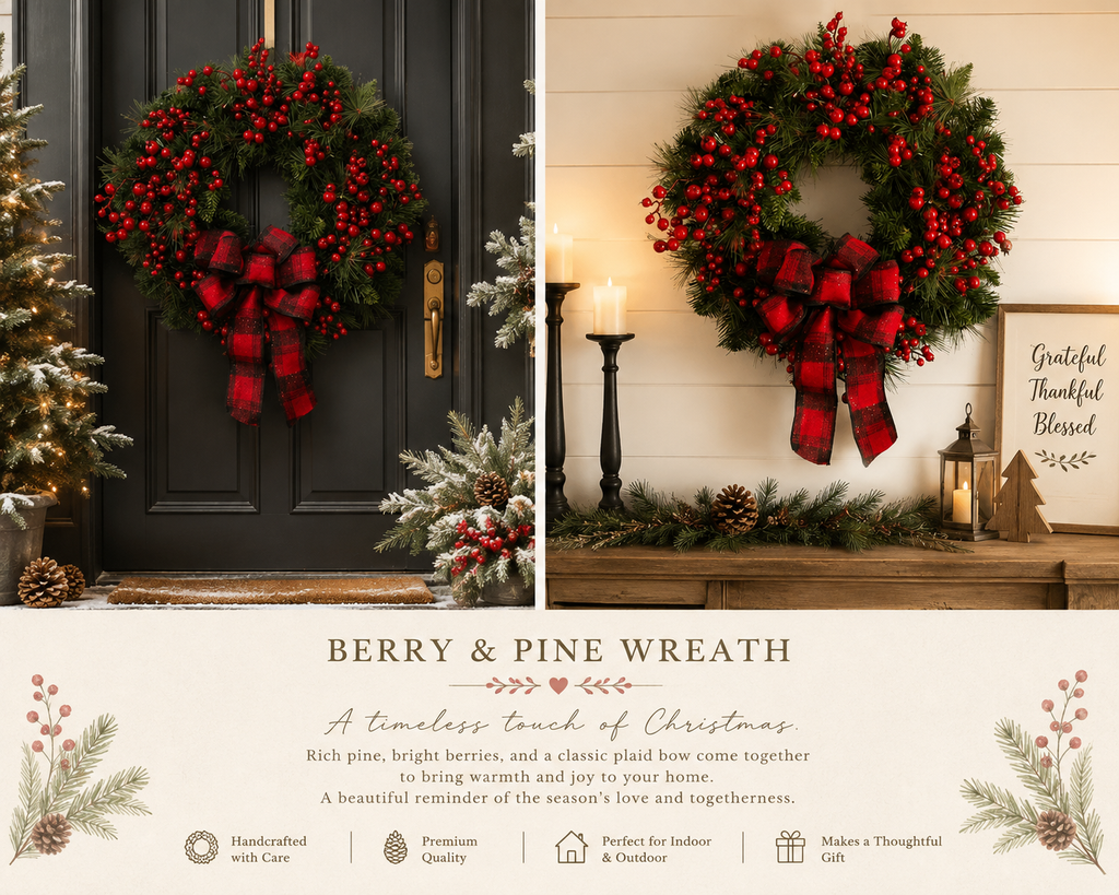 Berry & Pine Christmas Wreath – Rustic Plaid Bow