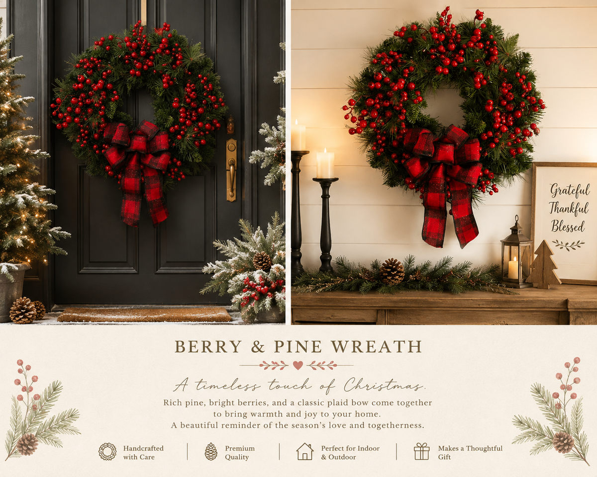 Berry & Pine Christmas Wreath – Rustic Plaid Bow