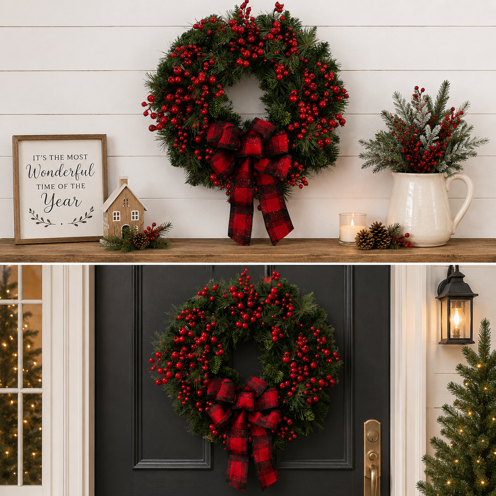 Berry & Pine Christmas Wreath – Rustic Plaid Bow