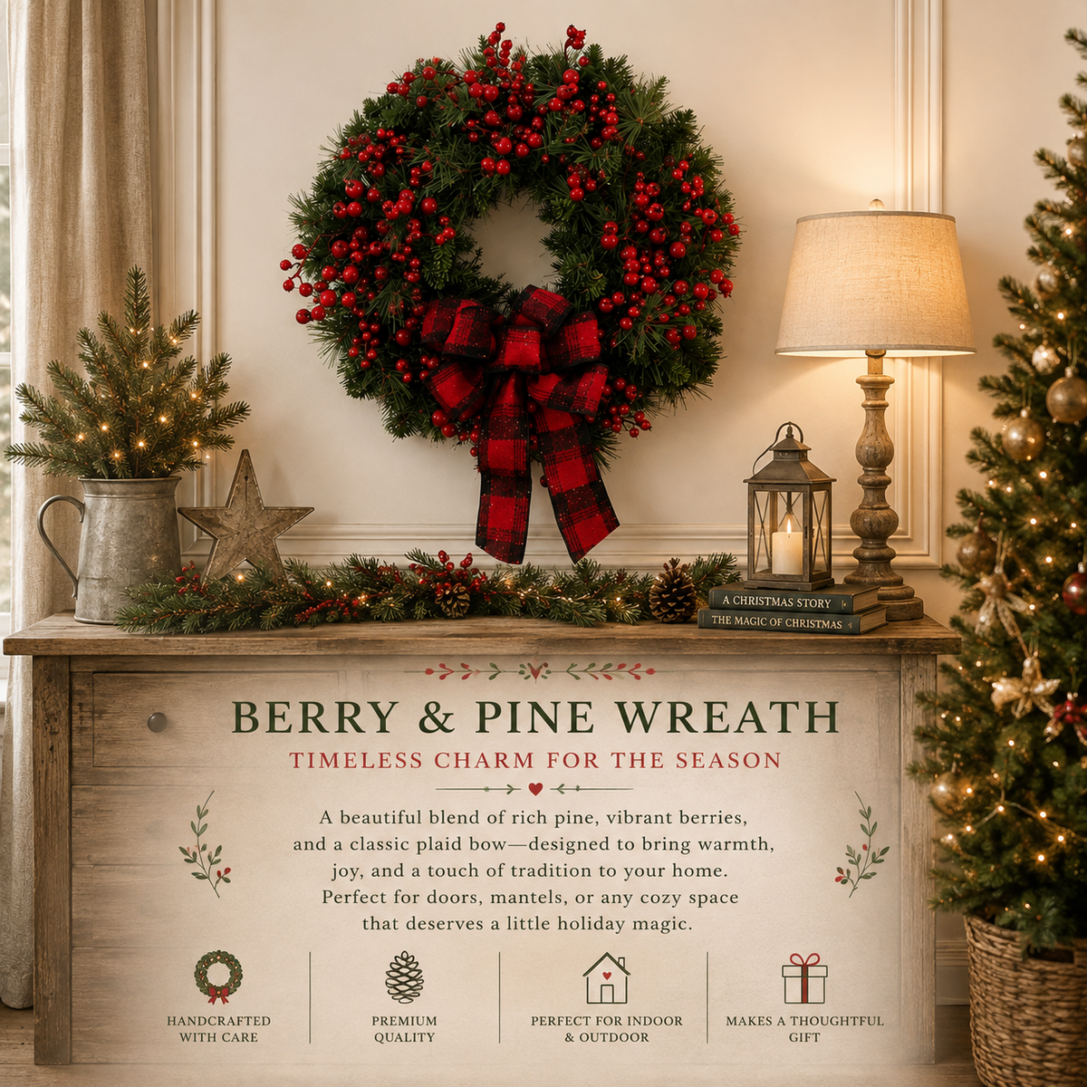 Berry & Pine Christmas Wreath – Rustic Plaid Bow
