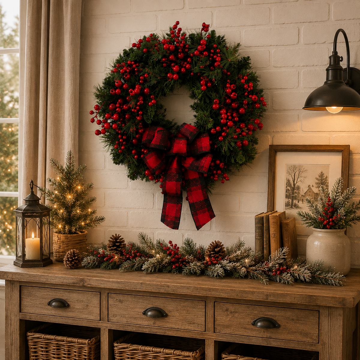 Berry & Pine Christmas Wreath – Rustic Plaid Bow