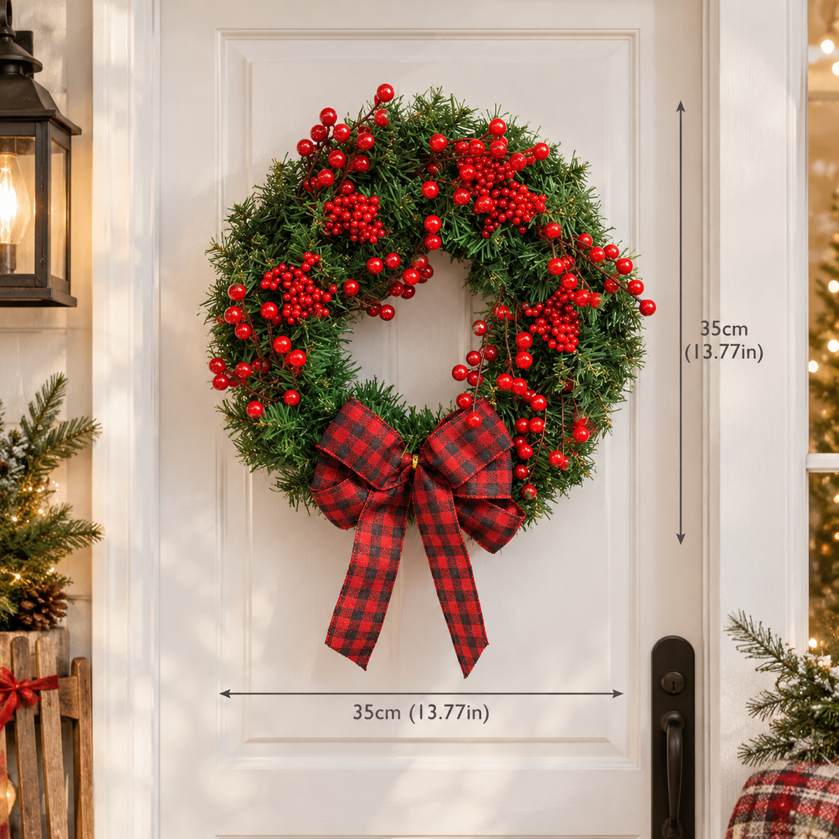 Berry & Pine Christmas Wreath – Rustic Plaid Bow