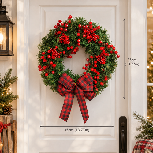 Berry & Pine Christmas Wreath – Rustic Plaid Bow - Specs
