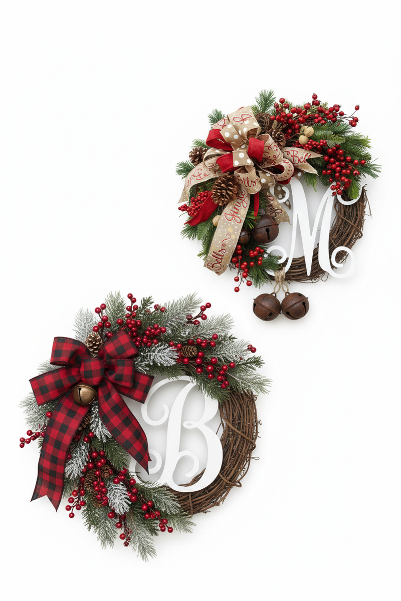 B Style and M Style 30 cm Christmas monogram wreaths on a white background