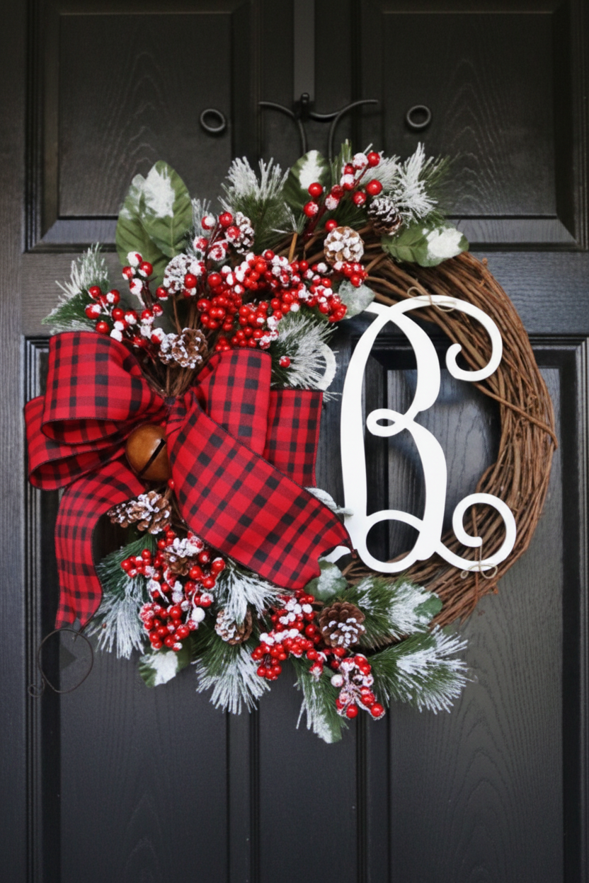 B Style Christmas monogram wreath with plaid bow, berries, pinecones, and greenery