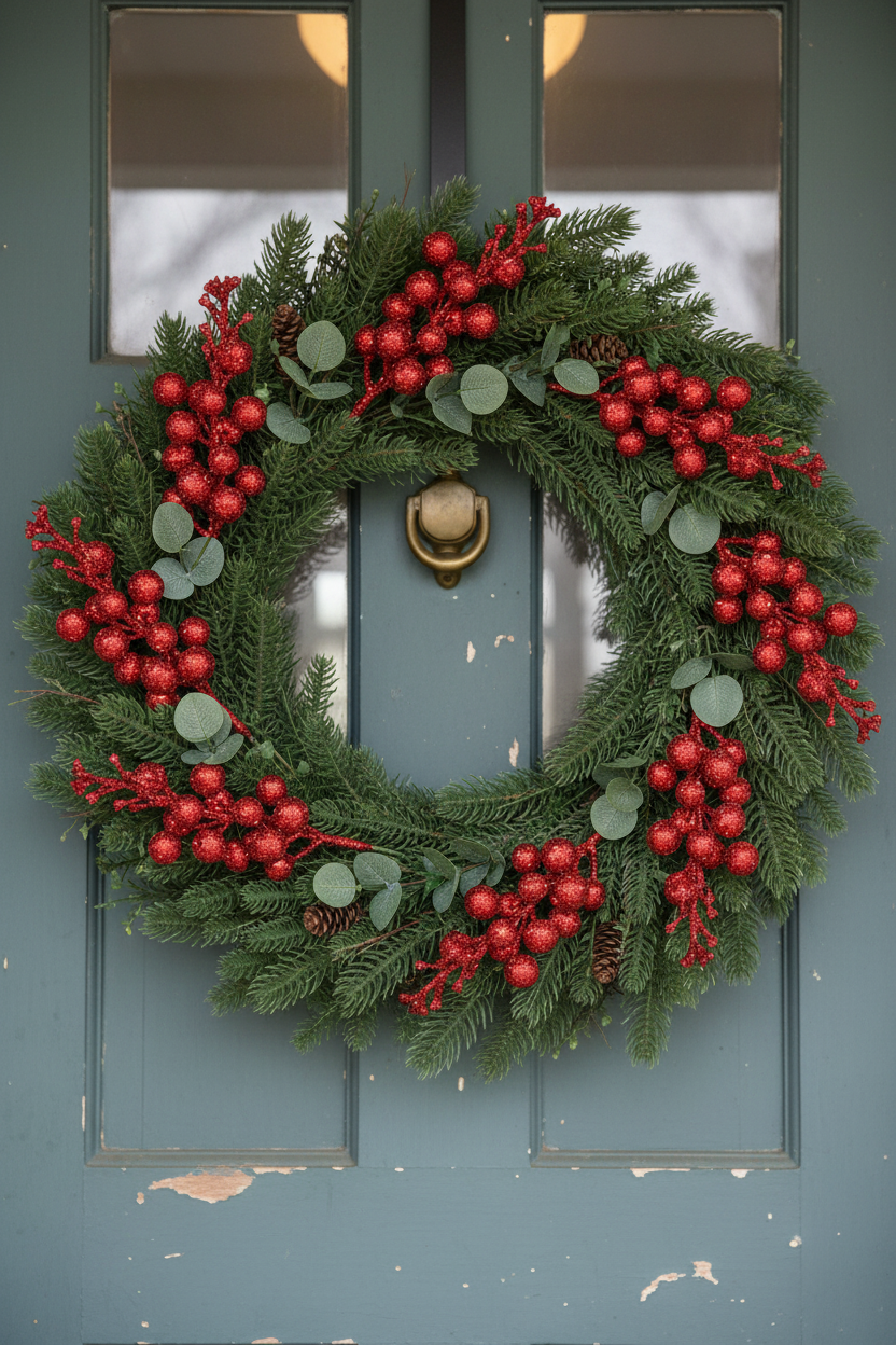 Berry stems tucked into a Christmas wreath