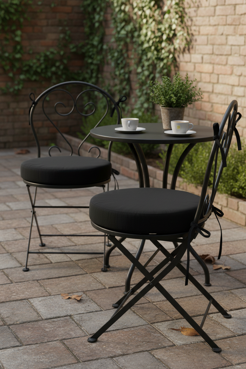 Black pads tied to bistro chairs