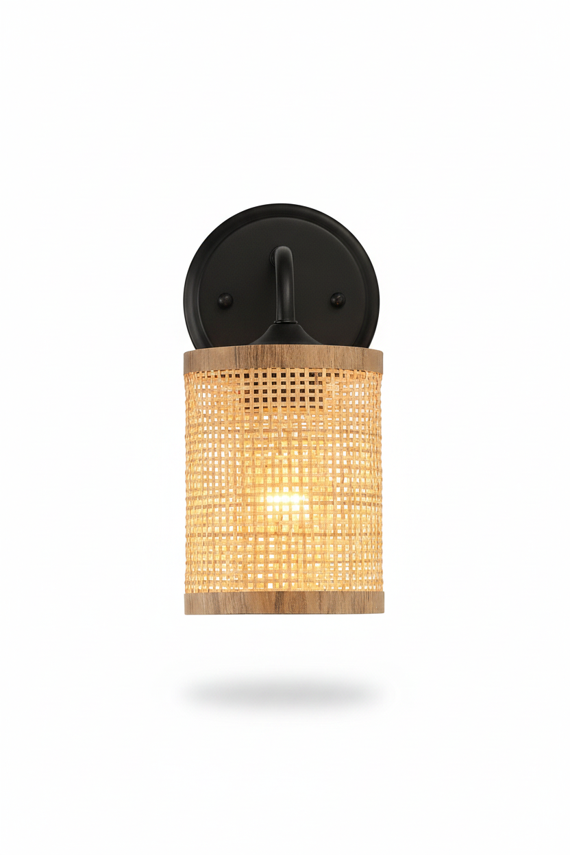 Black rattan 1-light sconce hero on white