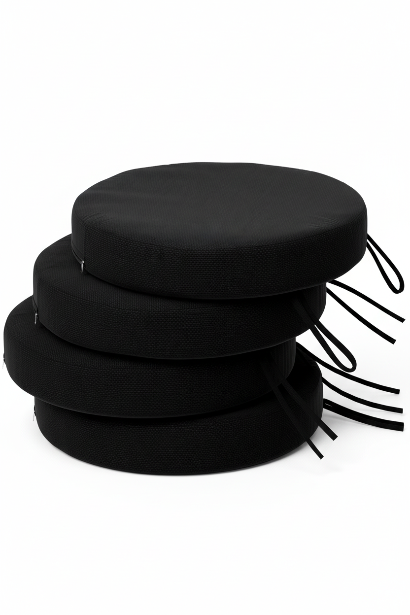 Black round chair pads hero on white