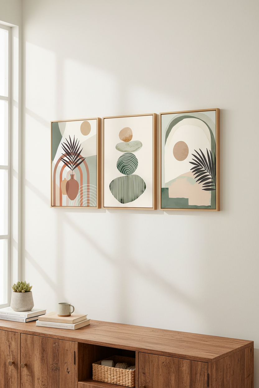 Canvas art set hung on a living room wall