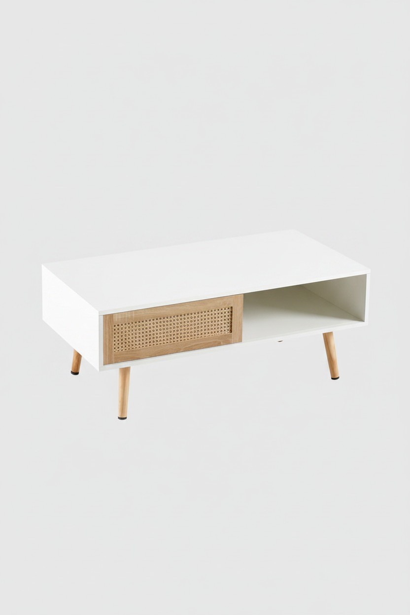 Coffee table with the rattan door slid open