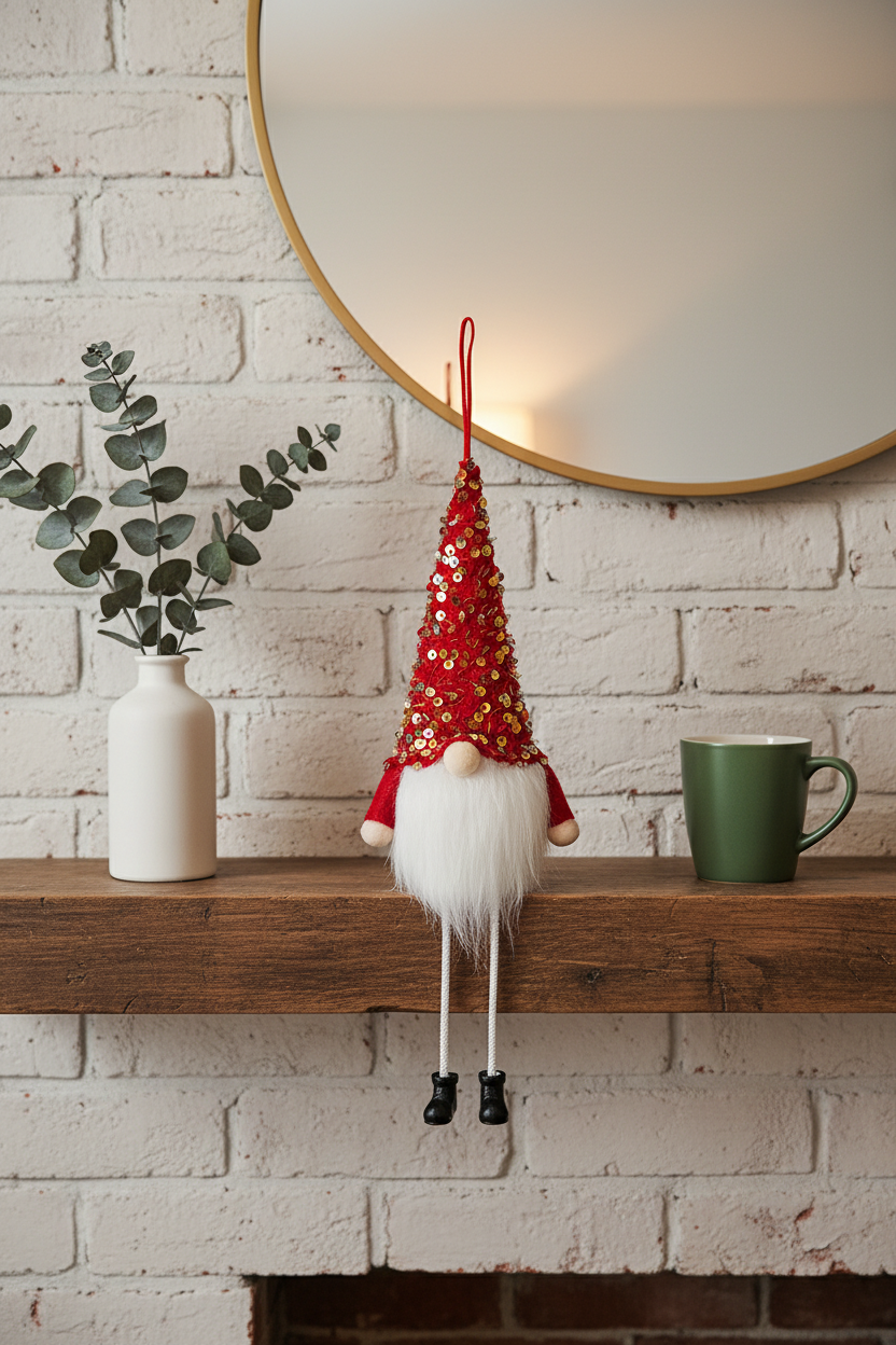 Compact 29 cm red faceless sequin Christmas gnome on a fireplace mantel