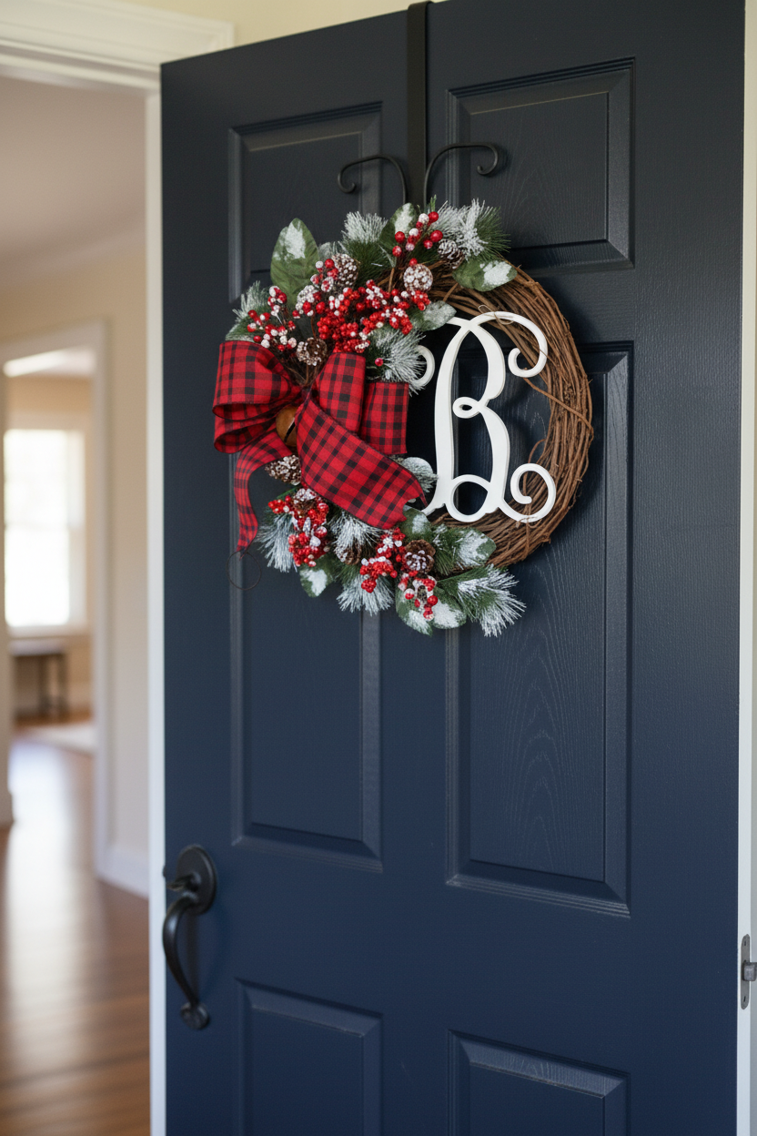 Compact 30 cm B Style Christmas monogram wreath hanging on a standard door