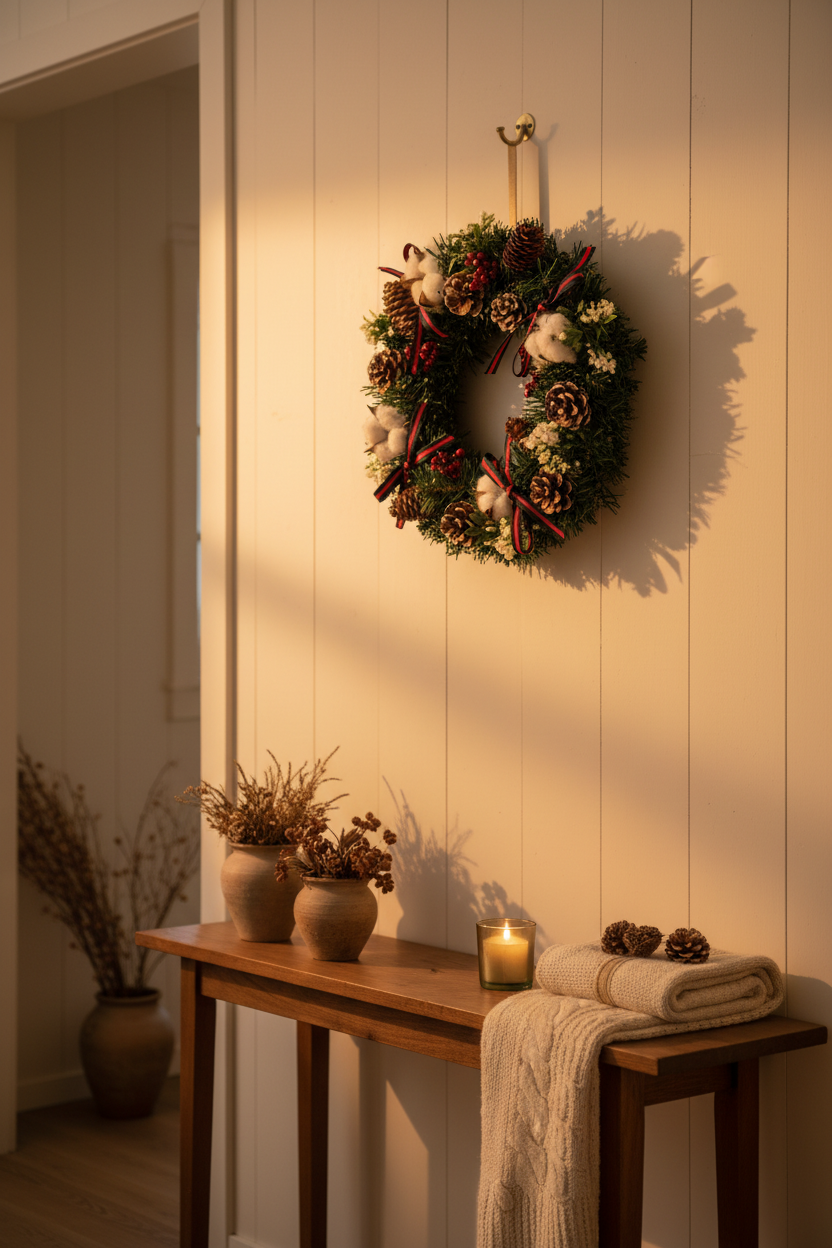 Compact 30 cm Christmas wreath hanging on an interior wall in a warm holiday entryway