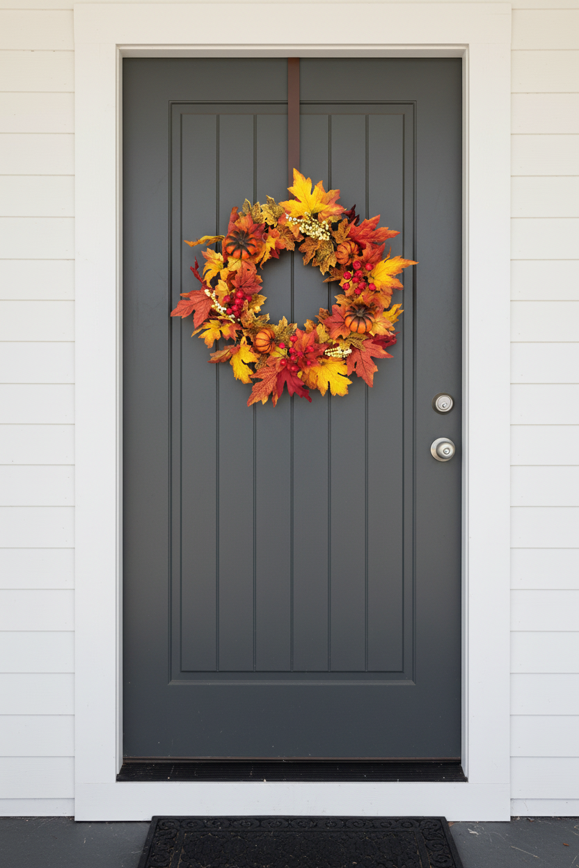 Compact 30 cm lighted rustic holiday wreath hanging on a standard front door