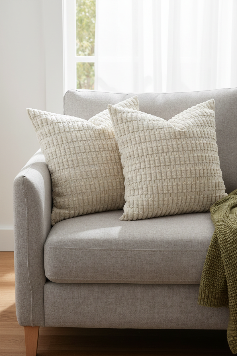 Corduroy pillows on a sunlit linen sofa