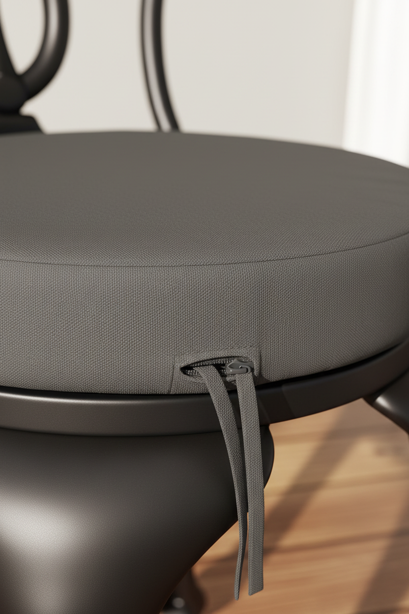 Dark gray pad piping and tie detail