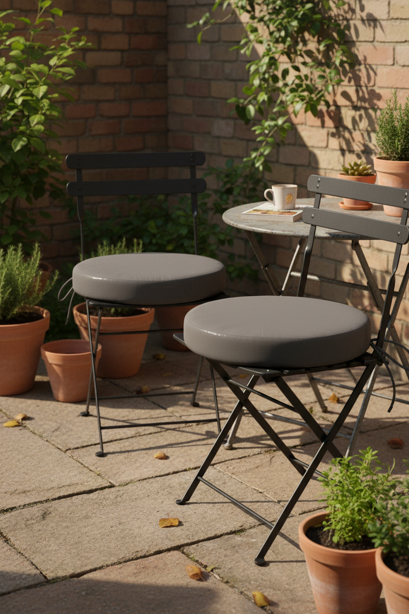 Dark gray pads tied to bistro chairs