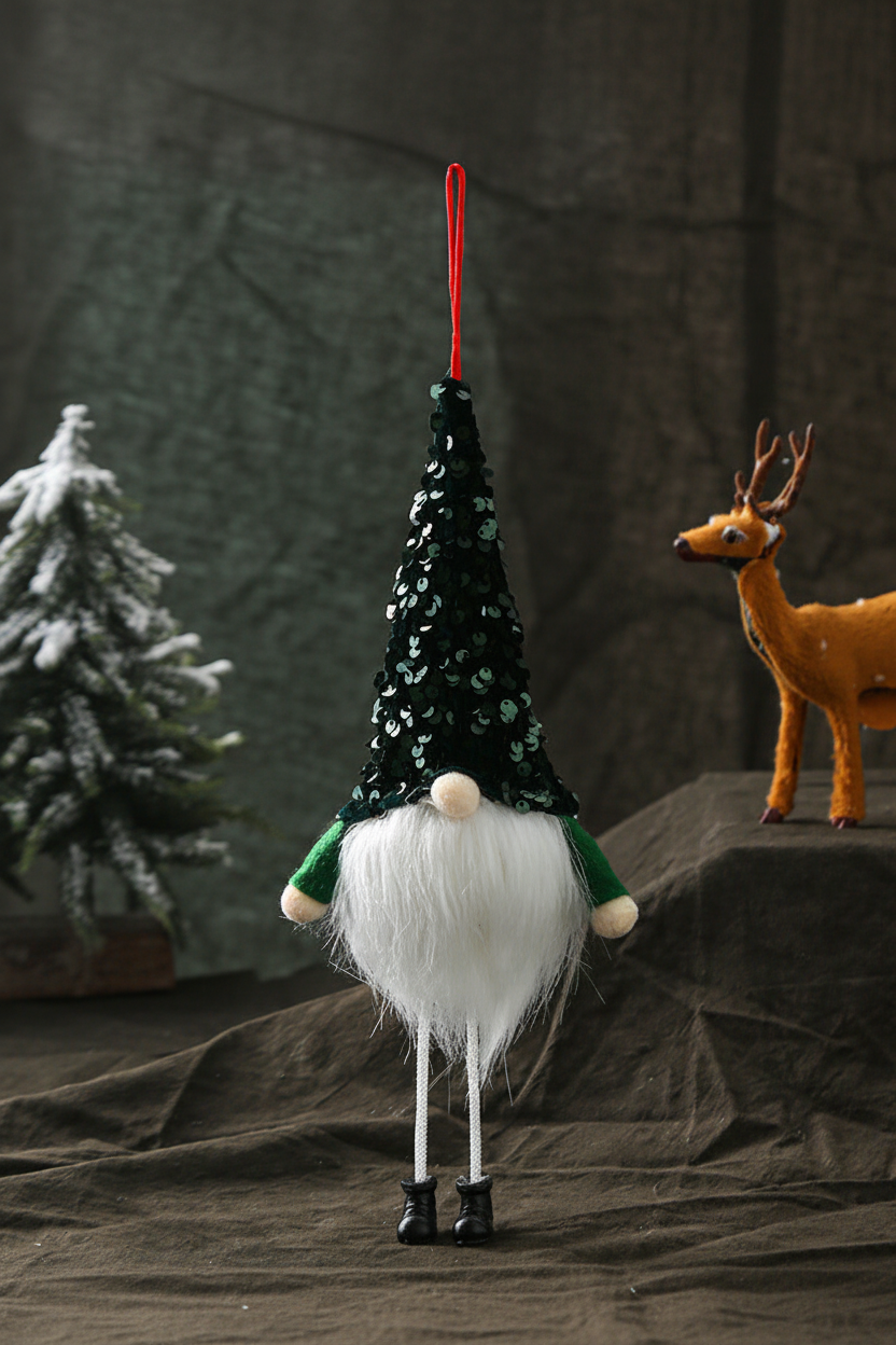 Dark green faceless sequin Christmas gnome in portrait format
