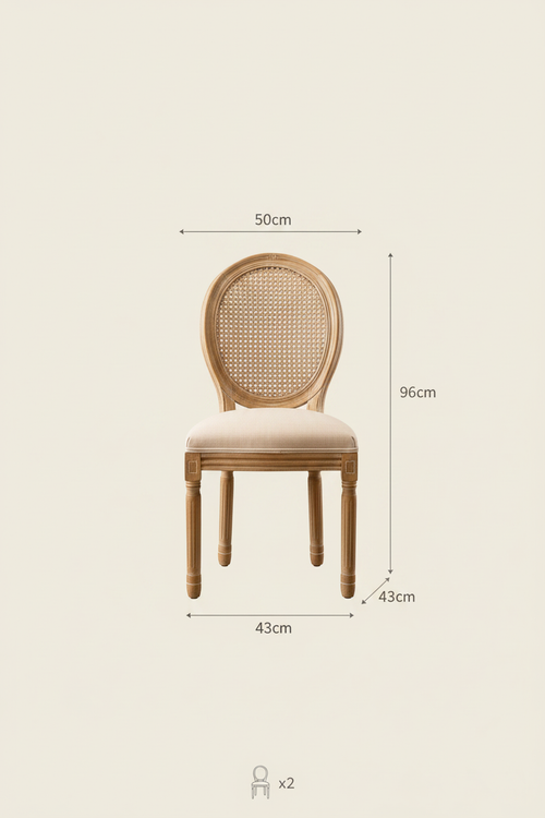 French Country Dining Chairs – Set of 2 with Rattan Back & Solid Wood Frame - Specs
