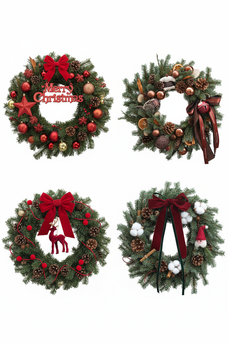 Four 45 cm Christmas wreath styles displayed on a white background