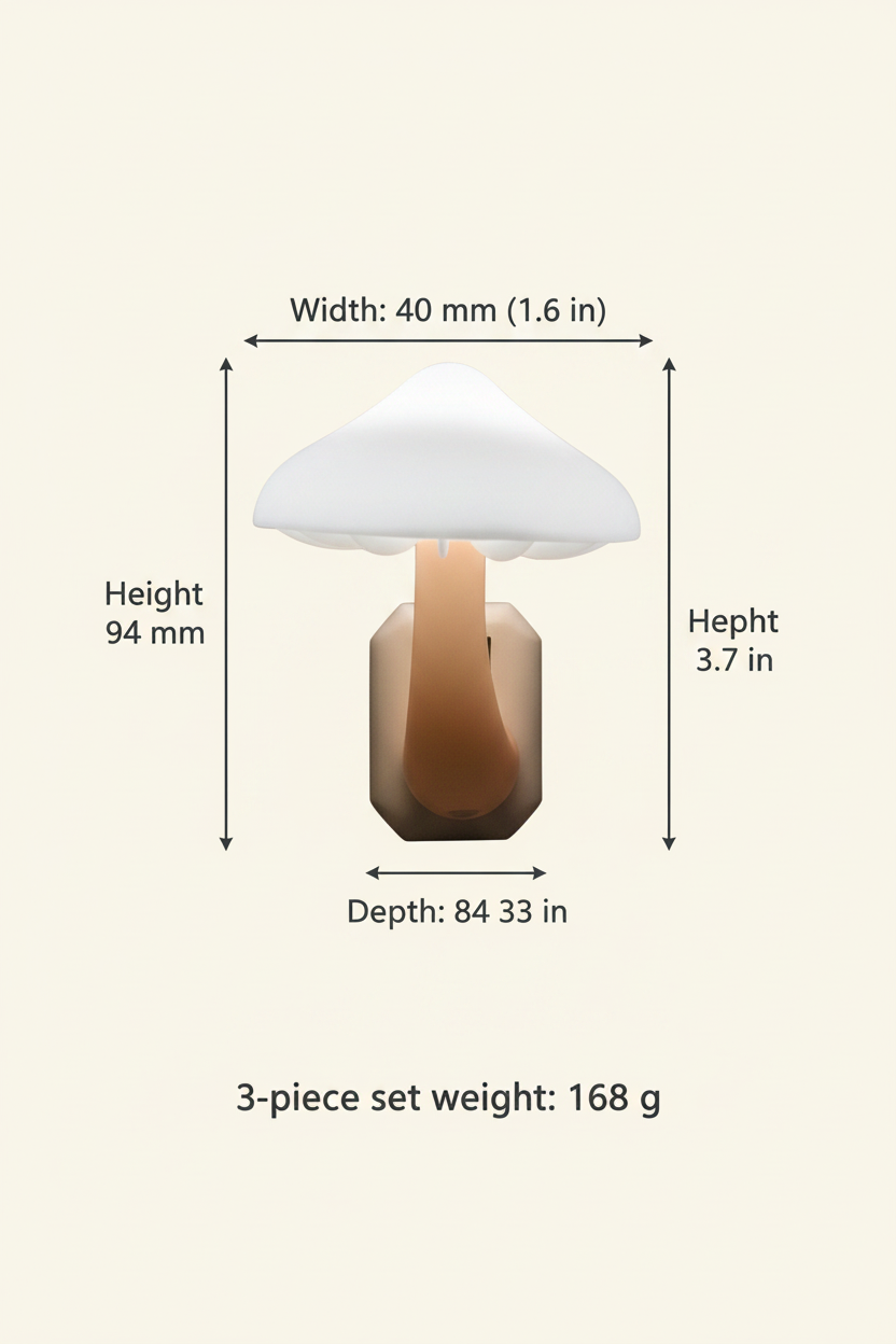 Mushroom night light dimensions: 84 by 40 by 94 millimeters, with a 168 gram set weight