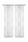 Two matching white pastoral lace sheer curtain panels on a white background