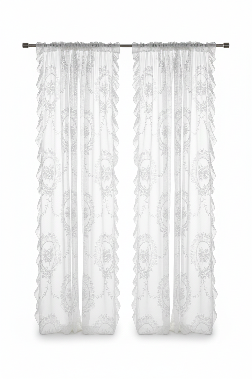 Two matching white pastoral lace sheer curtain panels on a white background