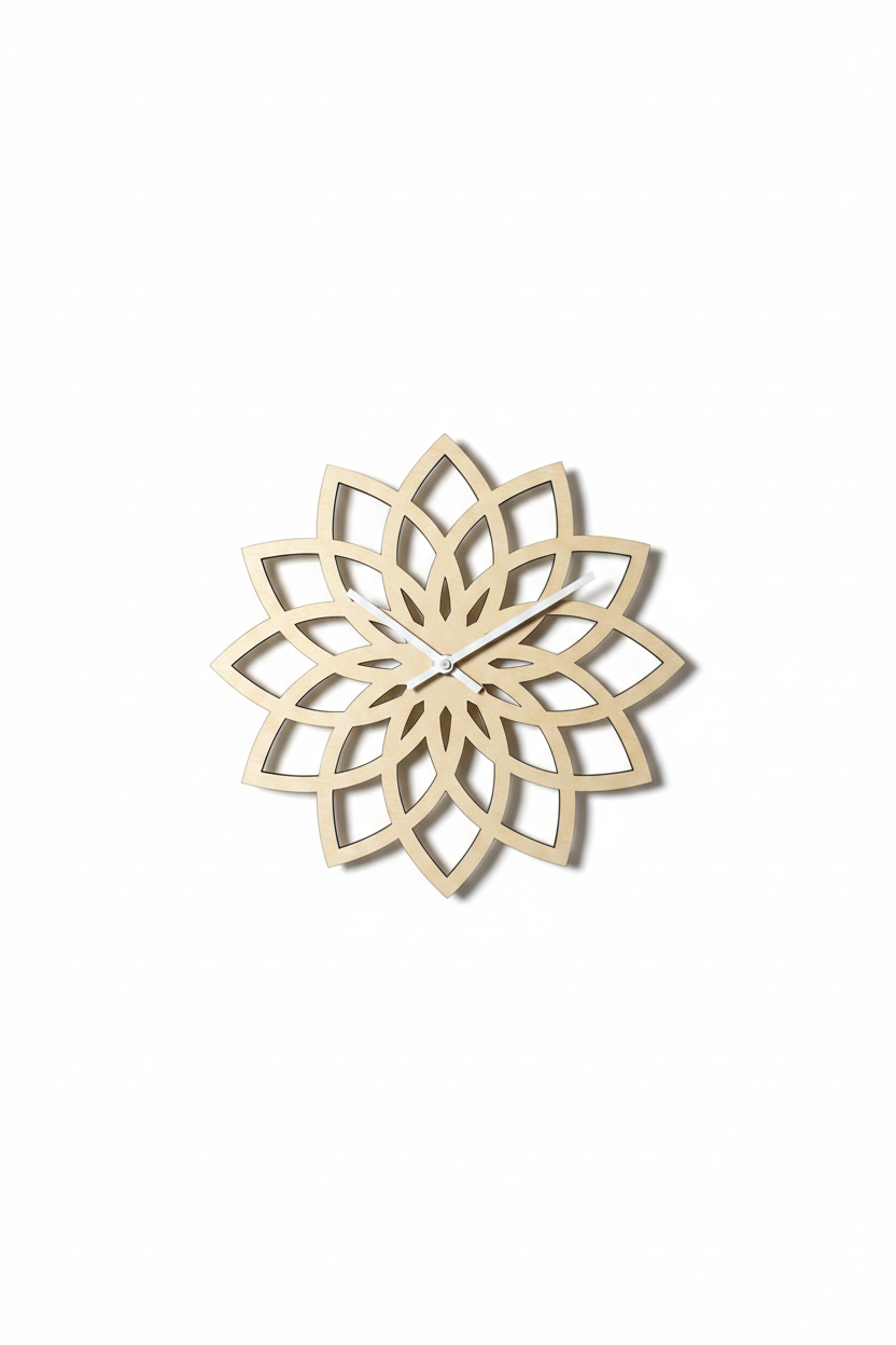 Gold botanical lotus wood wall clock on a white background