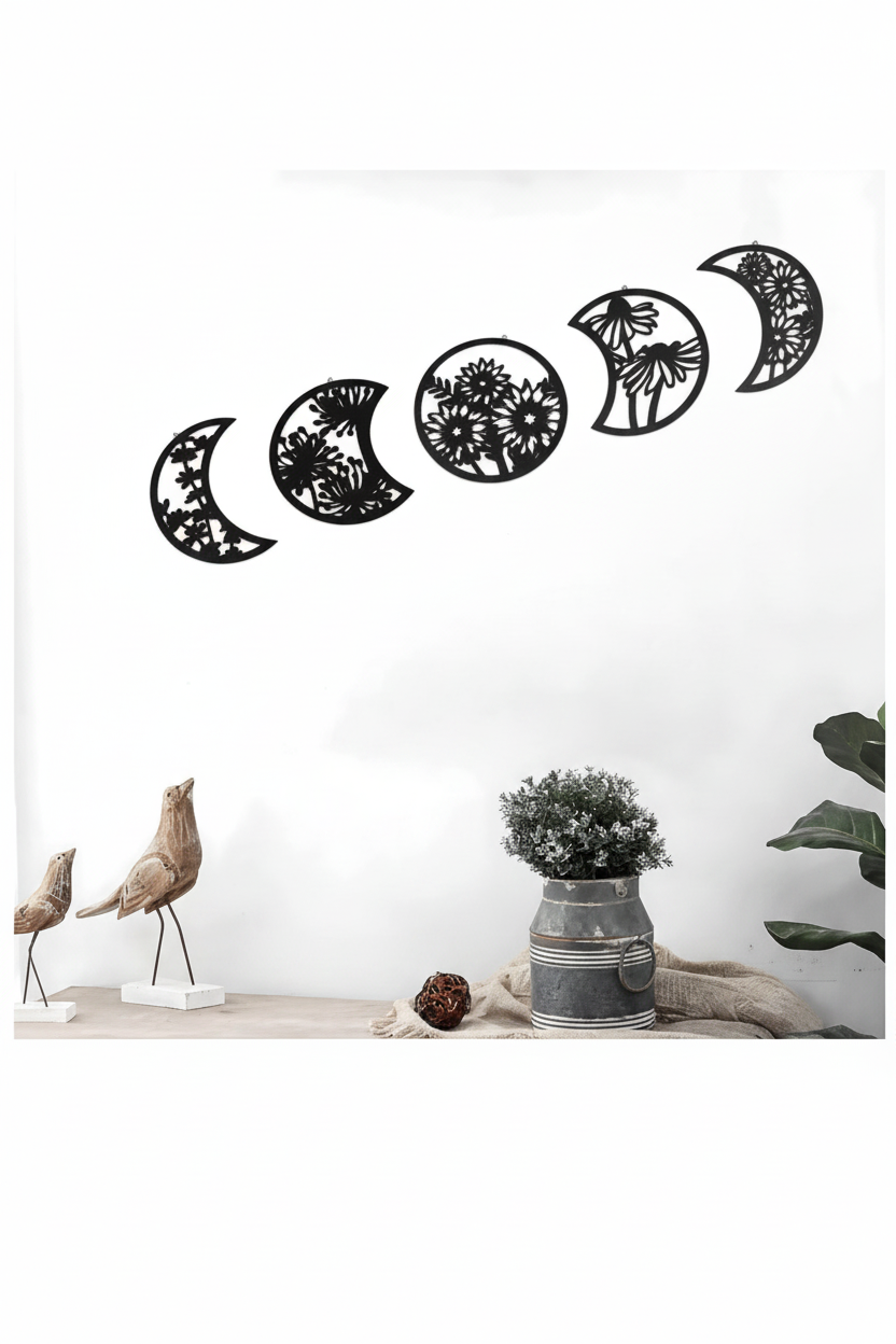 Five-piece floral moon phase wooden wall decor, supplier image converted to portrait
