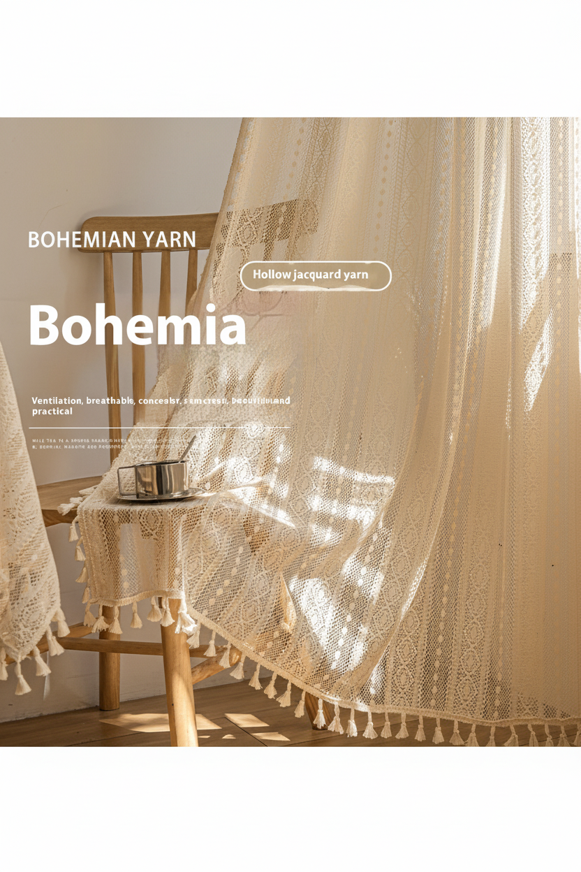 Bohemian dot lace curtain view, supplier image converted to portrait