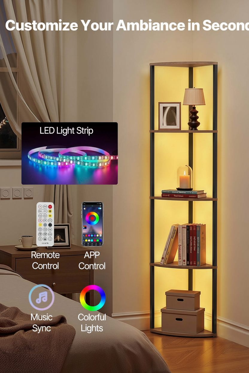 Brown 5-tier LED corner shelf features, supplier image converted to portrait