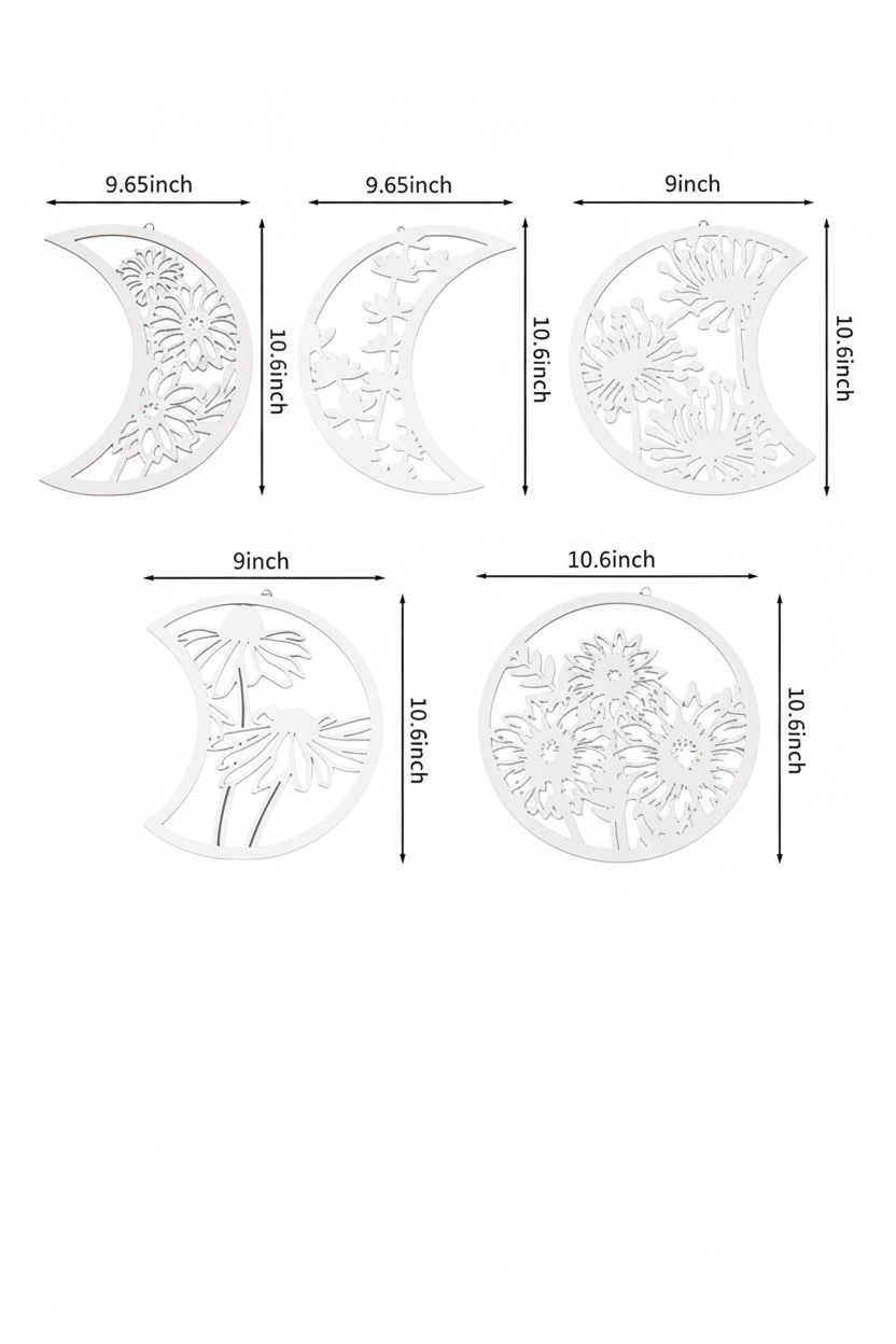 Five-piece floral moon phase wooden wall decor displayed in a room