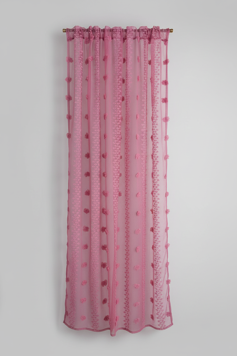 Purple Pink textured embroidered floral curtain panel