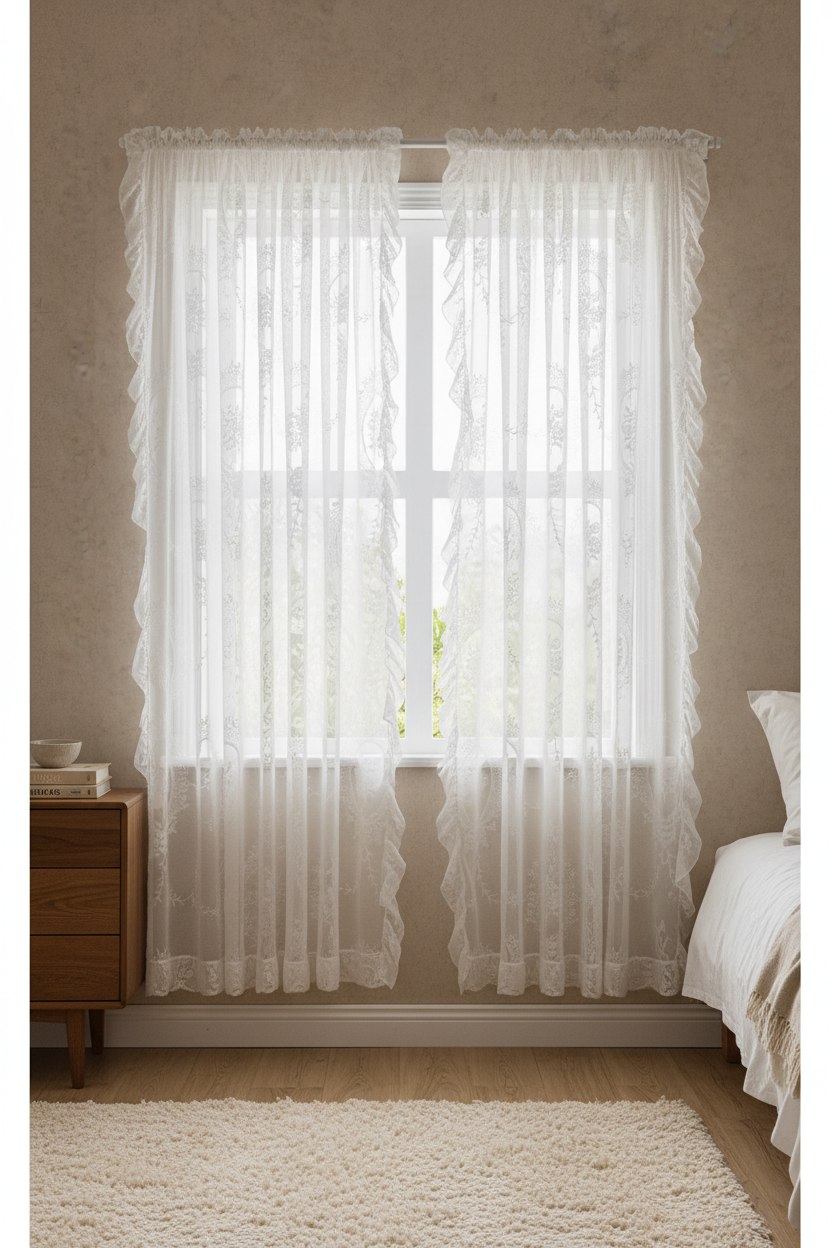 Two matching white 150 by 220 cm pastoral lace sheer curtain panels filtering daylight in a neutral bedroom