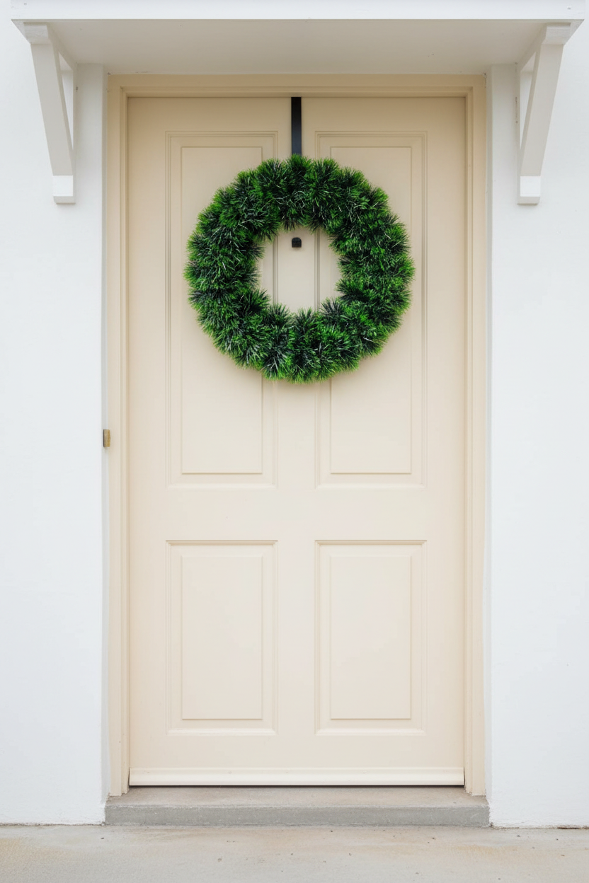 Classic Green 30 cm Christmas wreath hanging on a standard front door