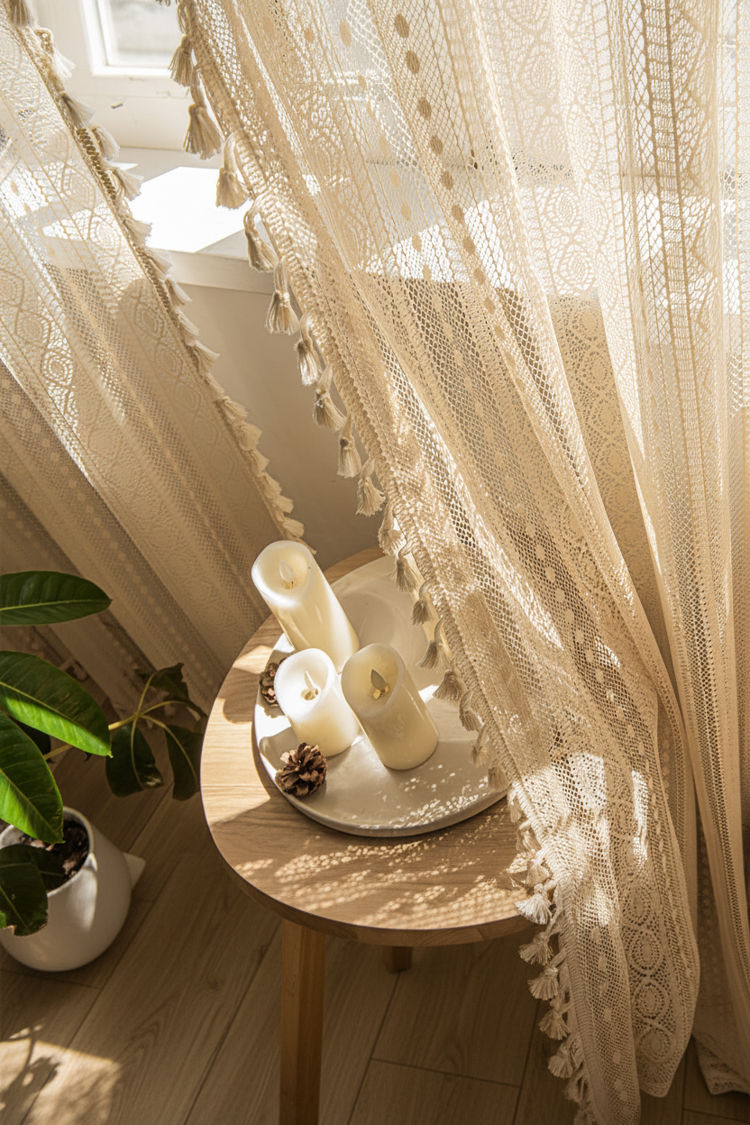 Bohemian dot lace curtain fabric view, supplier image converted to portrait