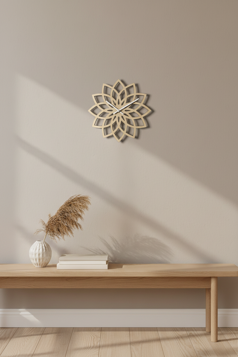 Gold 30 cm botanical lotus wood wall clock displayed above a slim living room console