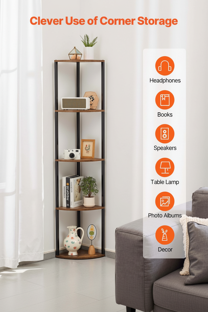 Brown 5-tier LED corner shelf room view, supplier image converted to portrait