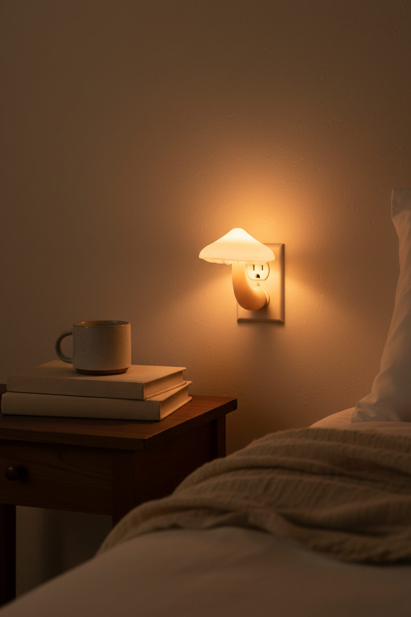 White mushroom sensor night light glowing from a wall outlet in a cozy bedroom at night