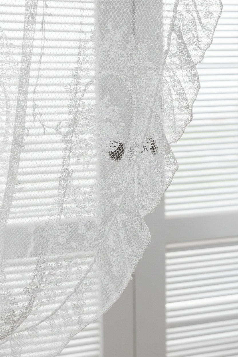 Close view of the white pastoral lace sheer curtain pattern and fabric