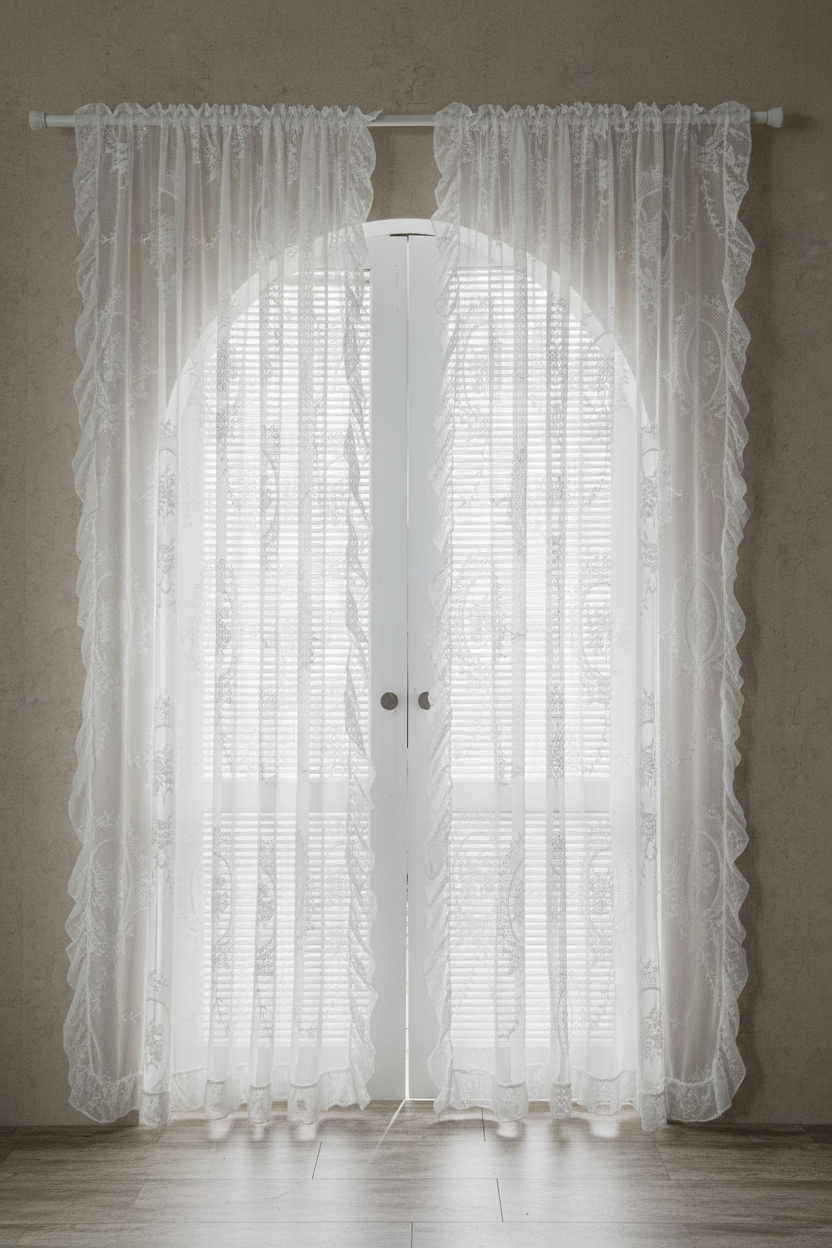 Two matching white pastoral lace sheer curtain panels