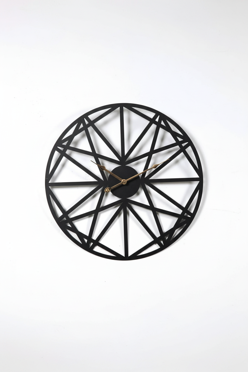 Modern black wrought iron wall clock with geometric face