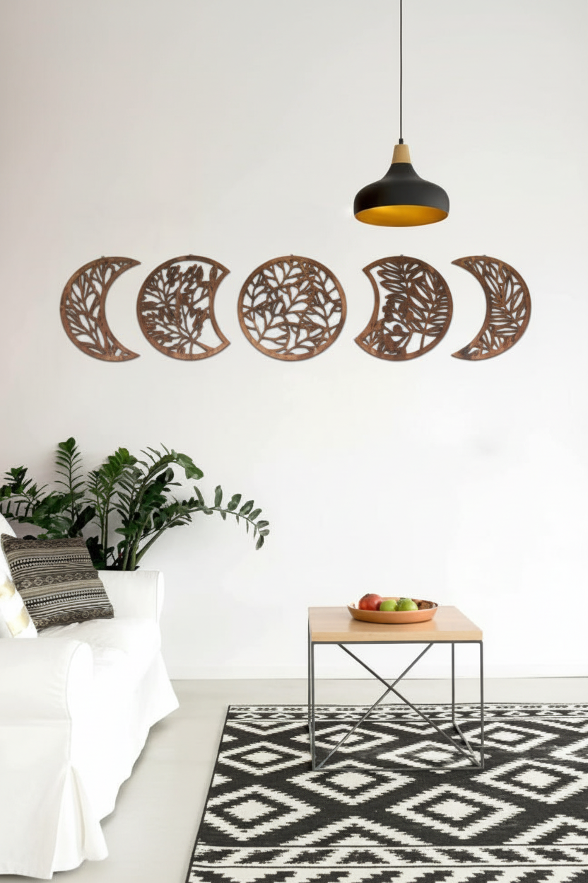 Floral moon phase wooden wall decor details, supplier image converted to portrait
